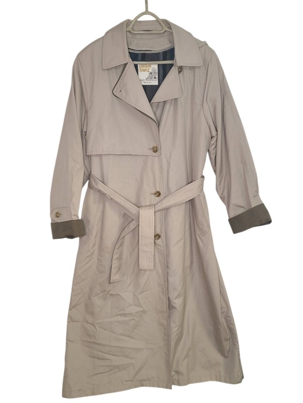 Vintage London Towne Beige Trench Coat Hooded Belted Sttiped Lining Size 12 Reg